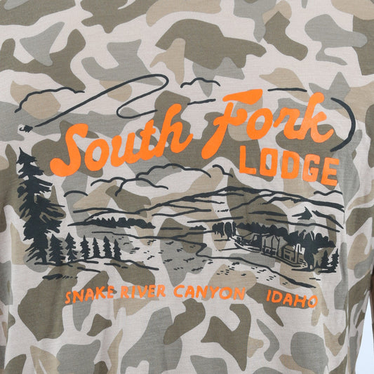 South Fork Lodge Free Fly Apparel Men's Bamboo Lightweight Hoody Barrier Island Camo with SFL Birds Eye View Logo