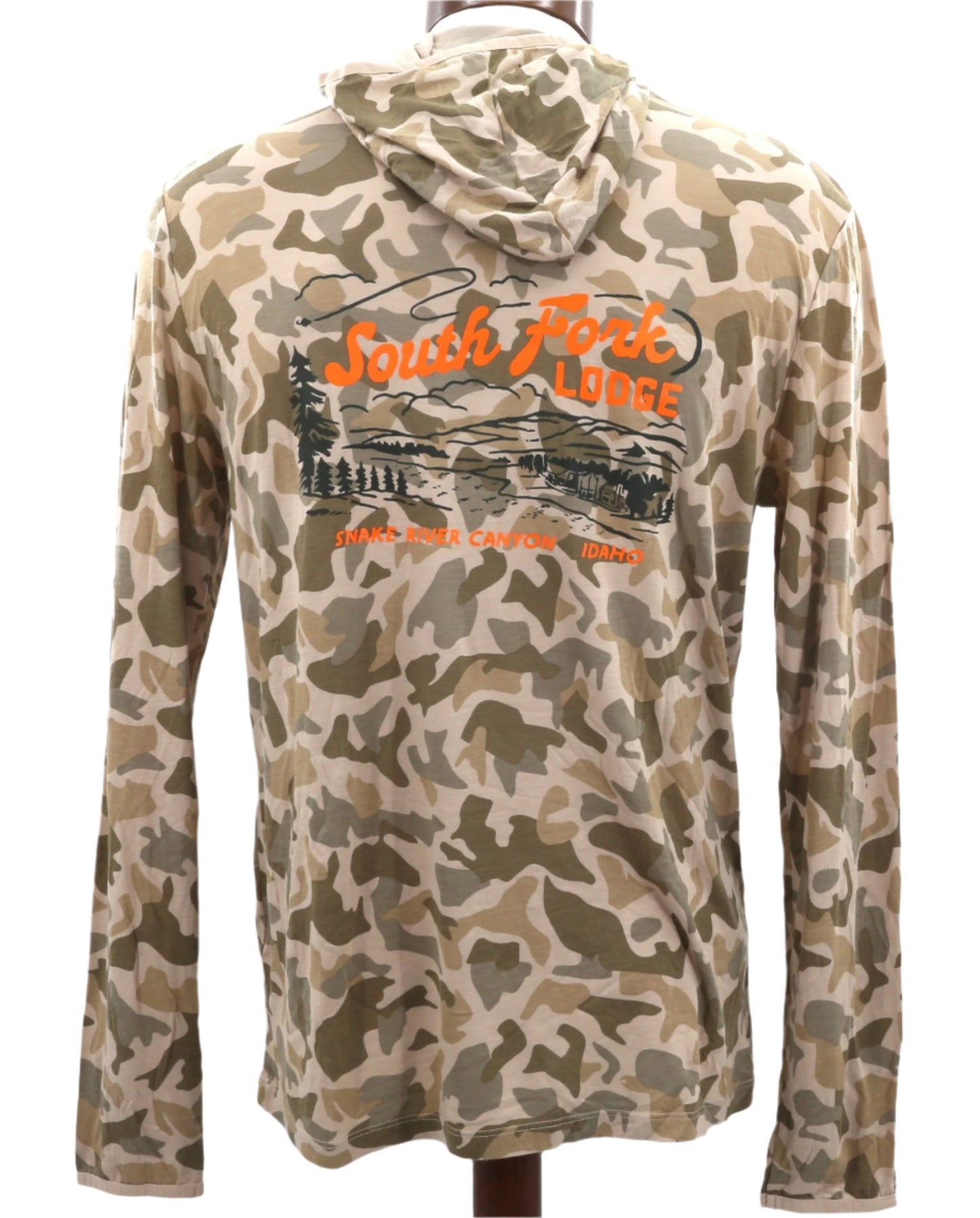 South Fork Lodge Free Fly Apparel Men's Bamboo Lightweight Hoody Barrier Island Camo with SFL Birds Eye View Logo