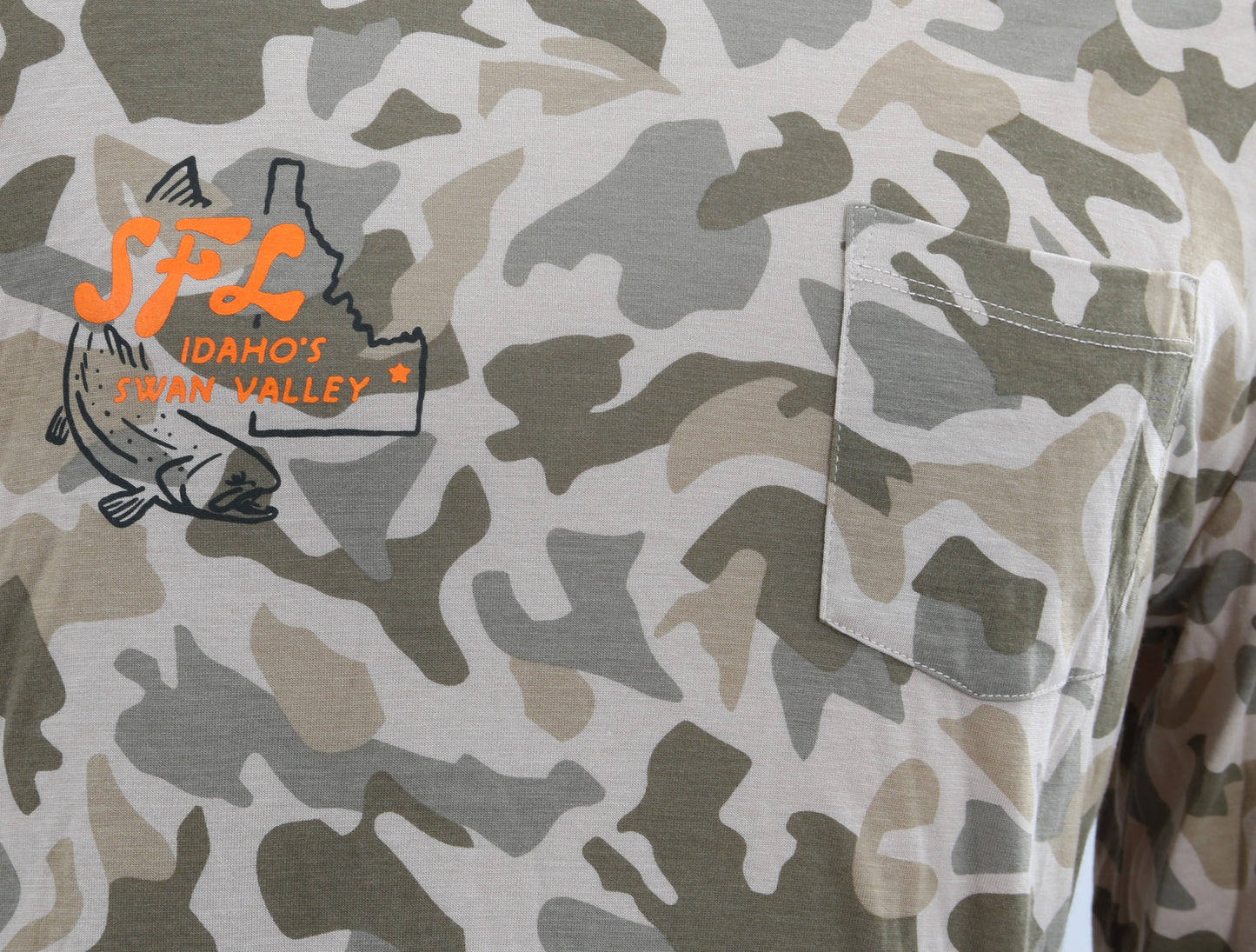 South Fork Lodge Free Fly Apparel Men's Bamboo Lightweight Hoody Barrier Island Camo with SFL Birds Eye View Logo